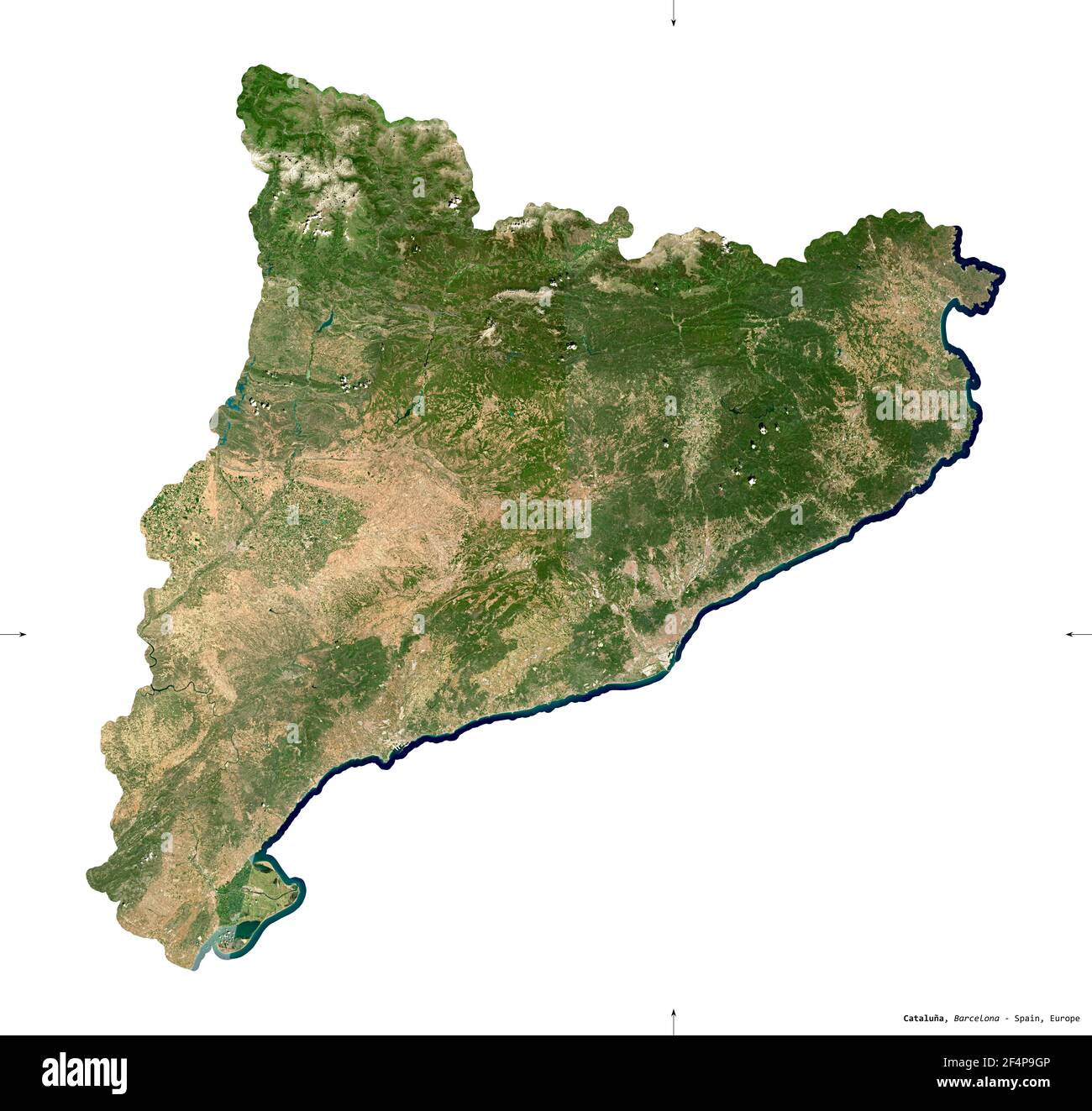 Cataluna, autonome Gemeinschaft Spaniens. Sentinel-2 Satellitenbilder. Form isoliert auf weiß. Beschreibung, Lage der Hauptstadt. Enthält Modifie Stockfoto