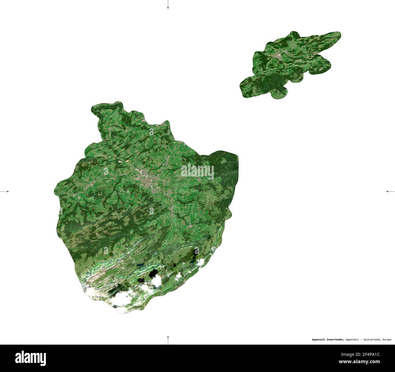 Appenzell Innerrhoden, Kanton Schweiz. Sentinel-2 Satellitenbilder. Form isoliert auf weiß. Beschreibung, Lage der Hauptstadt. Enthält Mo Stockfoto