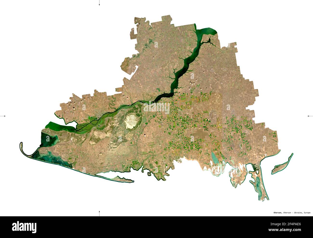 Cherson, Region der Ukraine. Sentinel-2 Satellitenbilder. Form isoliert auf weiß. Beschreibung, Lage der Hauptstadt. Enthält modifizierten Copernicus Stockfoto