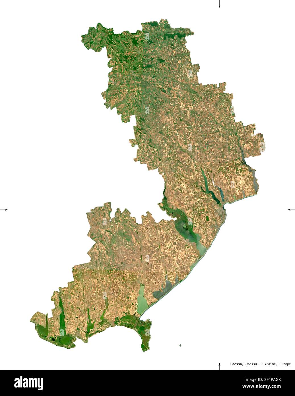 Odessa, Region der Ukraine. Sentinel-2 Satellitenbilder. Form isoliert auf weiß. Beschreibung, Lage der Hauptstadt. Enthält modifizierten Copernicus S Stockfoto