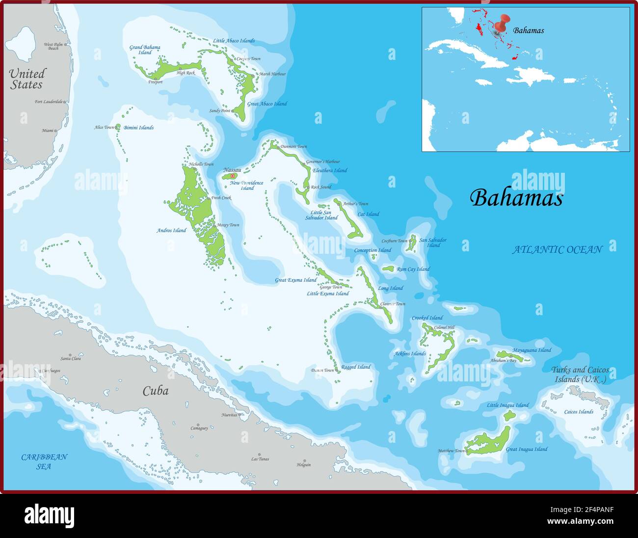 Die Bahamas-Karte wurde mit hoher Detailgenauigkeit und Genauigkeit gezeichnet Stock Vektor