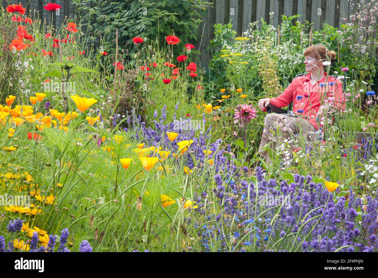 Blick auf den hübschen bunten Garten im Stil eines Bauernhauses voller Sommerblumen, Lavendel im Vordergrund und einer jungen Frau, die entspannt sitzt. Stockfoto