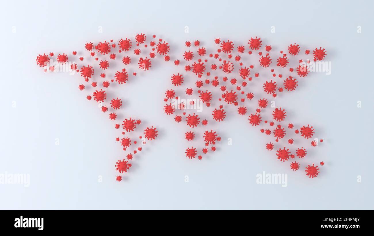 Weltkarte Coronavirus Ausbruch. COVID-19 Viruspartikel auf weißem Hintergrund. Pandemie 3D – Illustration Stockfoto