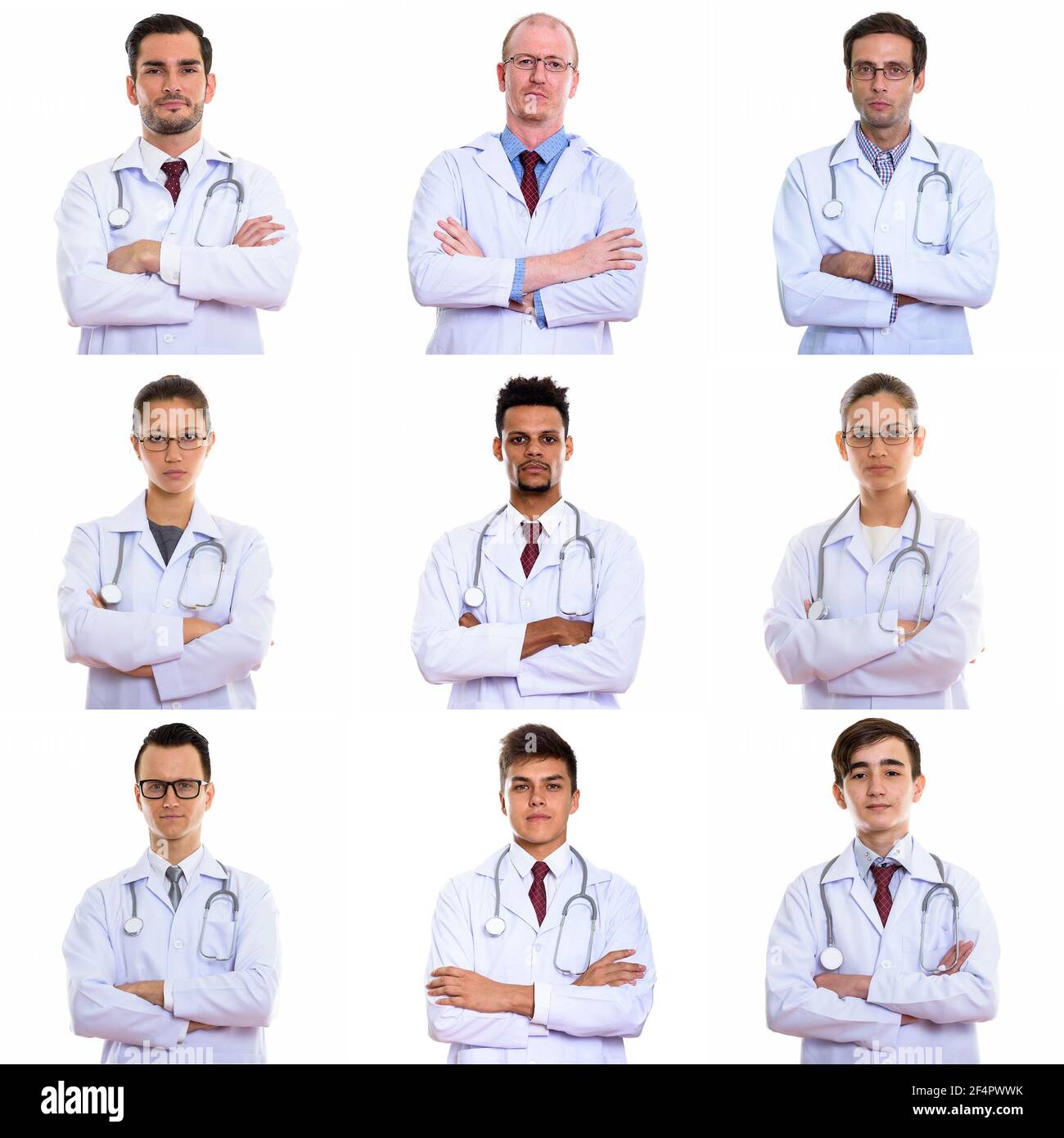 Porträts von Ärzten und medizinischen Fachkräften, die die Kamera betrachten Im Studio Stockfoto