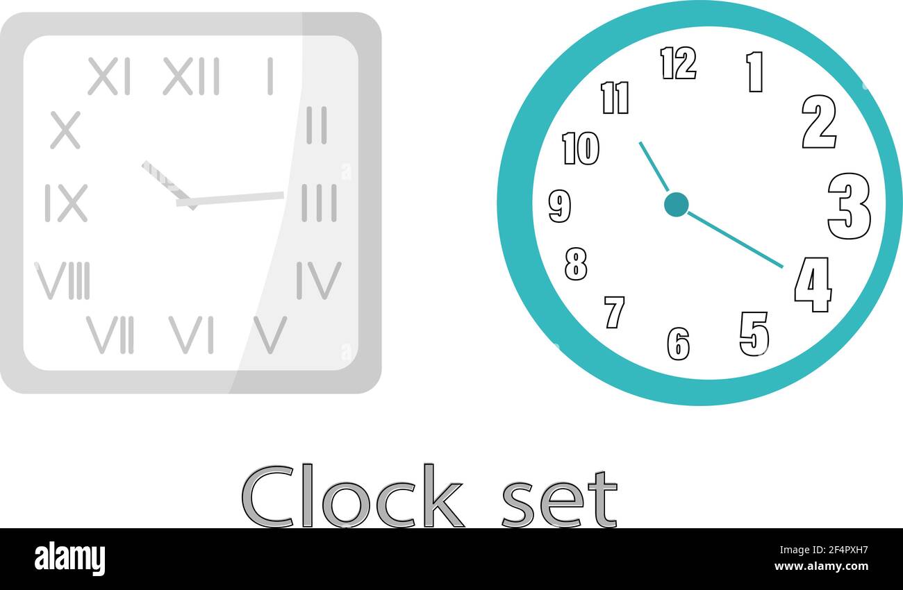 Ein Satz moderner Uhren an der Wand. Die Uhr ist quadratisch mit römischen Ziffern und arabischen Ziffern. Flache Vektorgrafik Stock Vektor