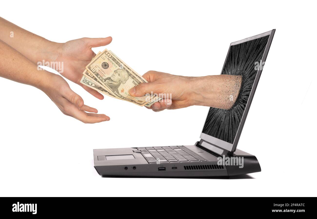 Geld verdienen online, Hand geben Dollar, isoliert auf weiß Stockfoto