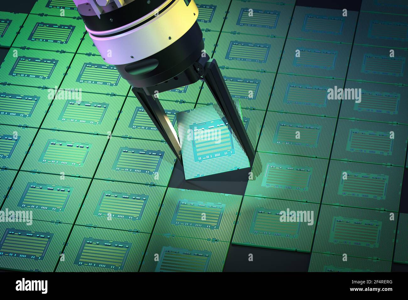 3D Rendering Roboterarm mit Chipsatz für die Halbleiterfertigung Stockfoto