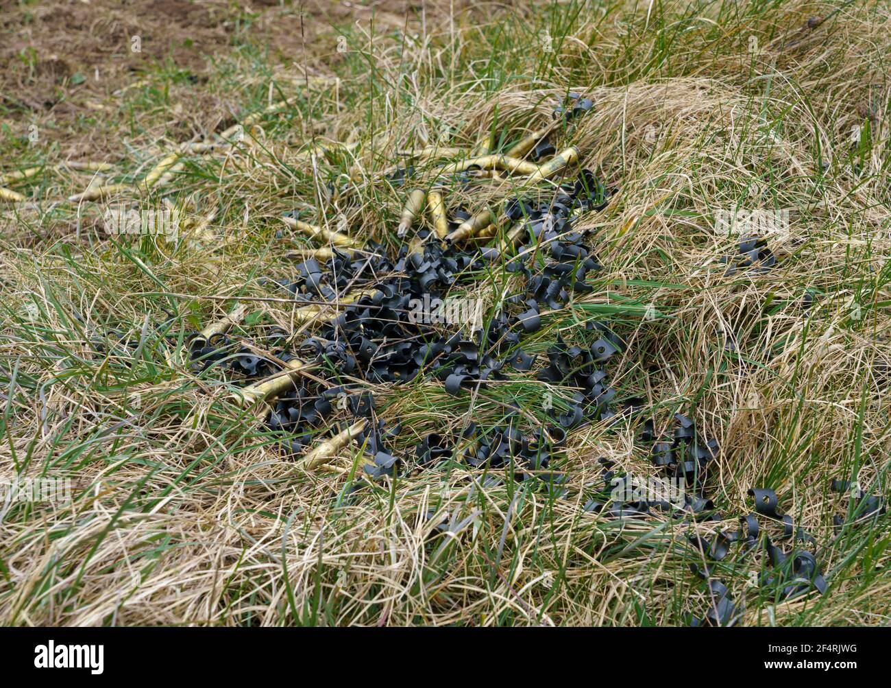 Eine Sammlung von gebrauchten Armee Soldat Geschosshüllen bei einem sniper Point nach einer militärischen Übung Stockfoto