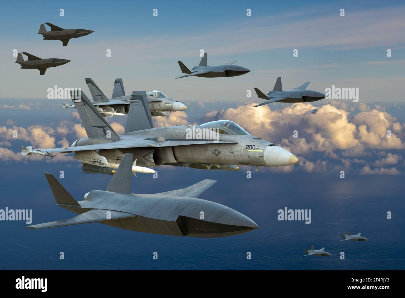 Mysliwce F-18 unterstützt von Drohnen des experimentellen treuen Wingman Programm durchgeführt von Boeing Stockfoto