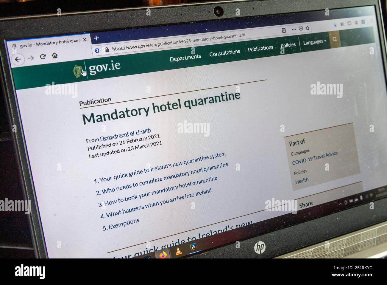 Irland. März 2021, 23rd. Das obligatorische Hotelquarantäne-Buchungsportal der irischen Regierung ist heute Morgen online gegangen. Ab Freitag ist es für Reisende, die aus 33 „Hochrisiko“-COVID-19-Ländern nach Irland kommen, obligatorisch, 12 Nächte in einem Hotel zu sperren. Quelle: AG News/Alamy Live News Stockfoto