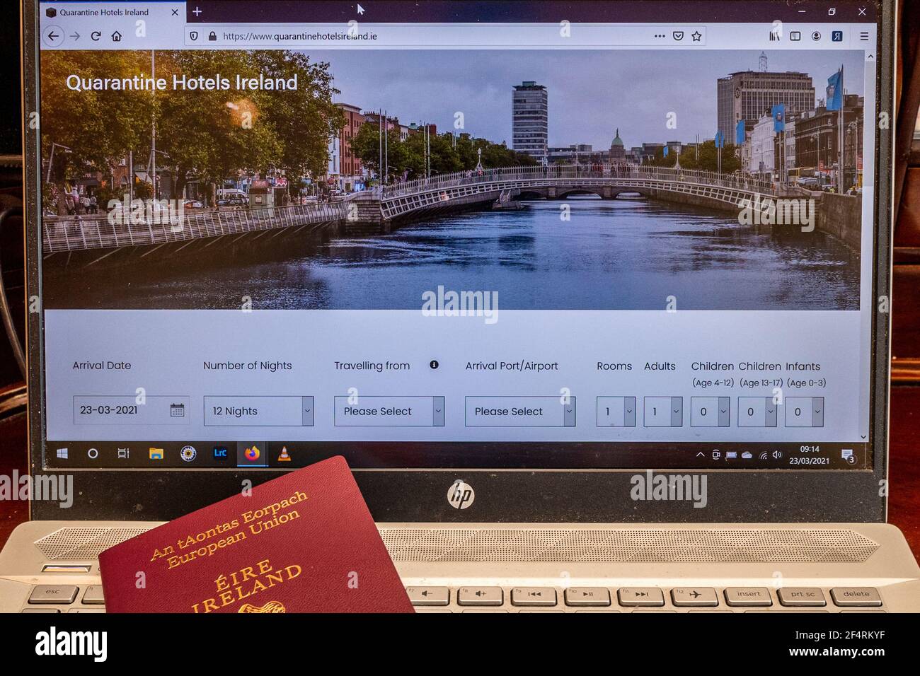 Irland. März 2021, 23rd. Das obligatorische Hotelquarantäne-Buchungsportal der irischen Regierung ist heute Morgen online gegangen. Ab Freitag ist es für Reisende, die aus 33 „Hochrisiko“-COVID-19-Ländern nach Irland kommen, obligatorisch, 12 Nächte in einem Hotel zu sperren. Quelle: AG News/Alamy Live News Stockfoto