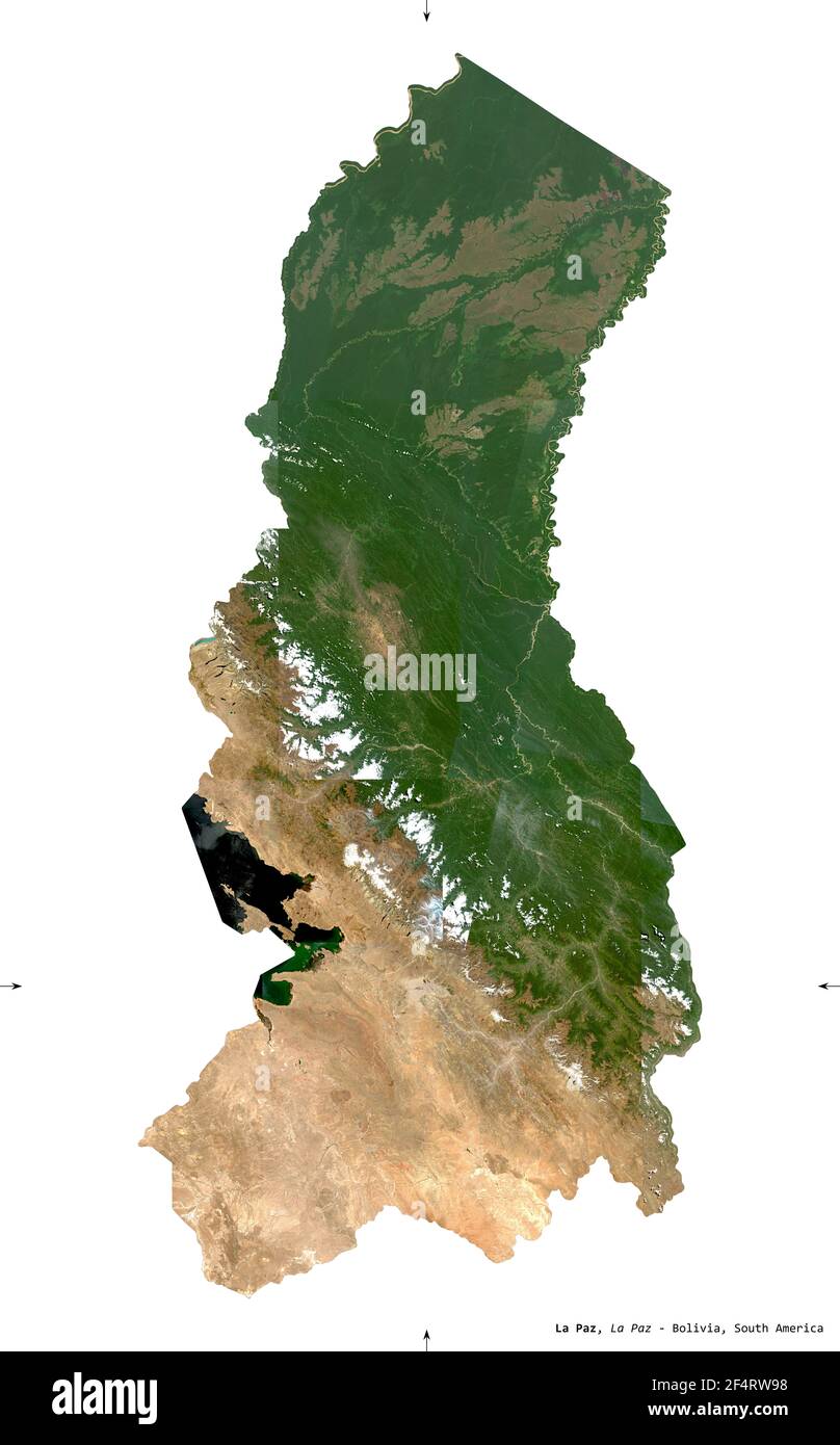 La Paz, Abteilung von Bolivien. Sentinel-2 Satellitenbilder. Form isoliert auf weißem Volumenkörper. Beschreibung, Lage der Hauptstadt. Enthält modifizierte Co Stockfoto