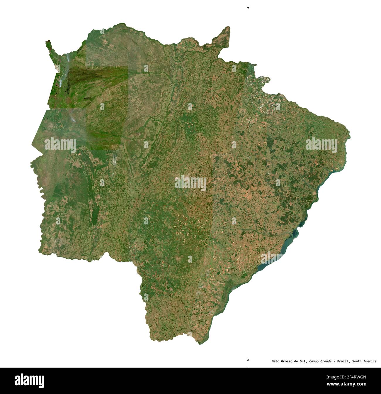 Mato Grosso do Sul, Bundesstaat Brasilien. Sentinel-2 Satellitenbilder. Form isoliert auf weißem Volumenkörper. Beschreibung, Lage der Hauptstadt. Enthält Modif Stockfoto