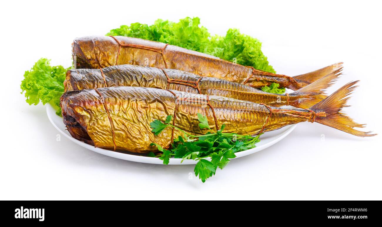 Leckeren geräucherten Fisch auf einer Platte Stockfoto