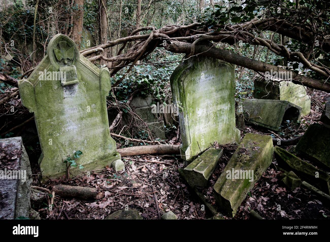 Überwuchert und baufällig Gräber, Nunhead viktorianischen Friedhof, London, Vereinigtes Königreich. Stockfoto
