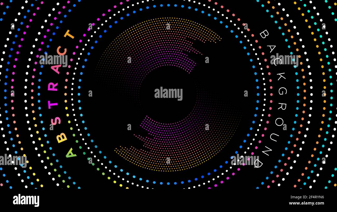 Gepunkteter Rahmen aus mehrfarbigen Kreisen auf einer Vektorgrafik mit schwarzem Hintergrund. Stock Vektor