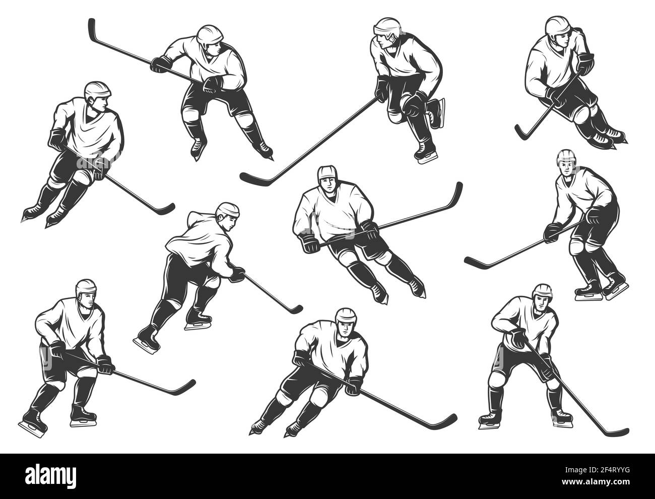 Eishockey-Spieler Vektor monochromen Sport-Team tragen Uniform und Helm mit Stöcken in Bewegung. Meisterschaft, Eishockey-Club-Wettbewerb, isoliert männlichen sp Stock Vektor