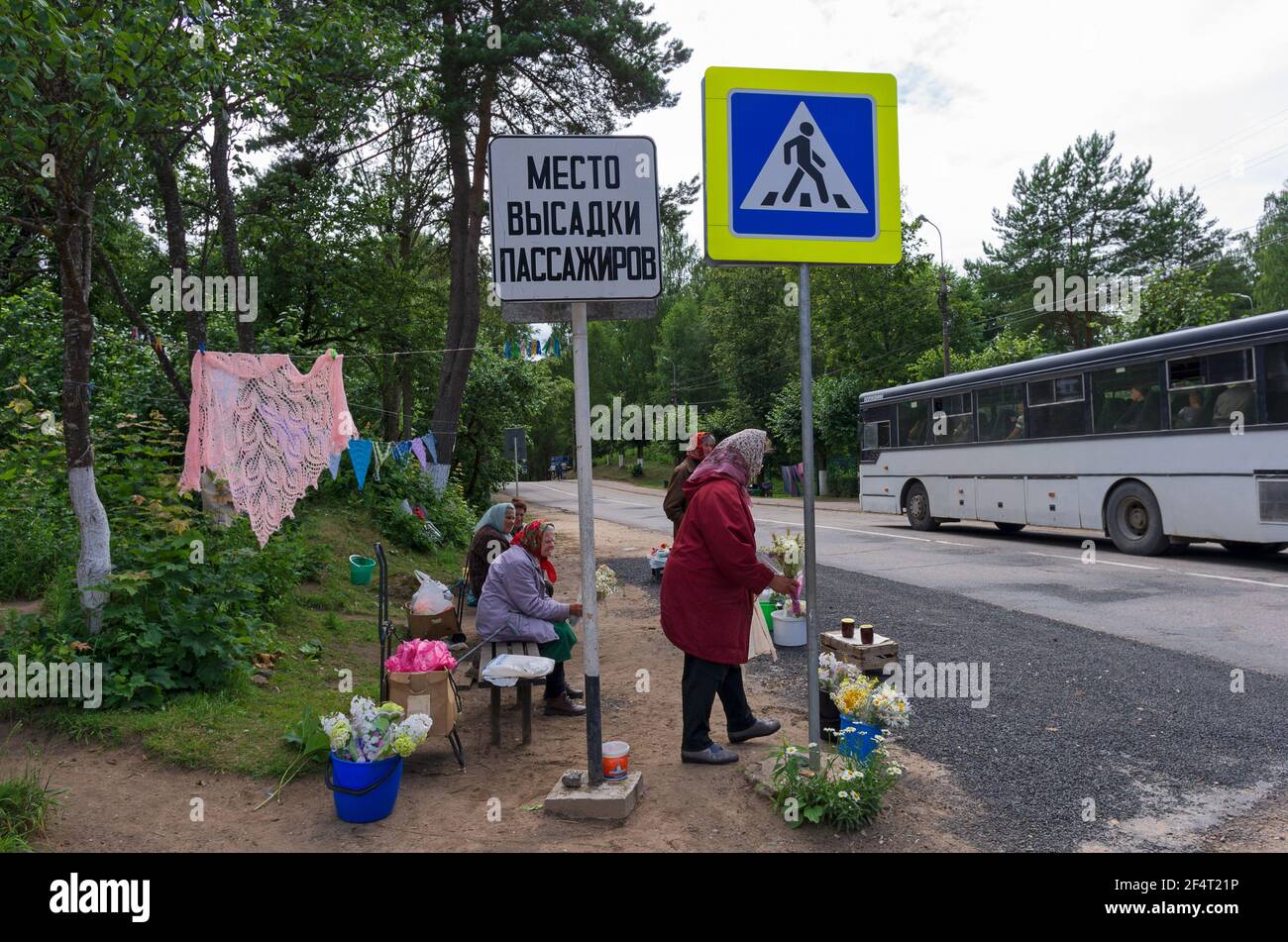 Pushkinskiye Gory, Pskov Oblast, Russland - 07. Juli 2019: Ältere pensionierte Frauen verkaufen Blumen und handgefertigte Kopftücher an einer Bushaltestelle mit Straßenschildern 'dr Stockfoto