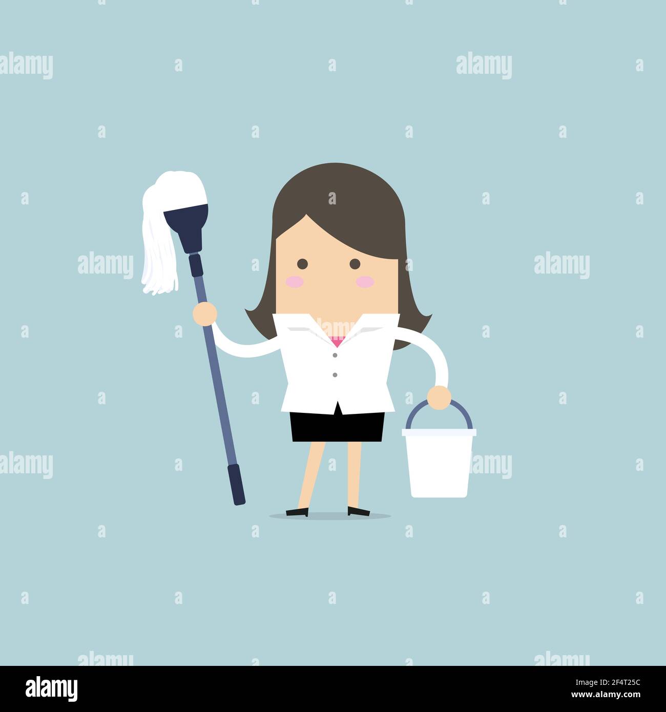 Geschäftsfrau hält Mopp und Eimer. Reinigung des Arbeitsplatzkonzepts. Stock Vektor