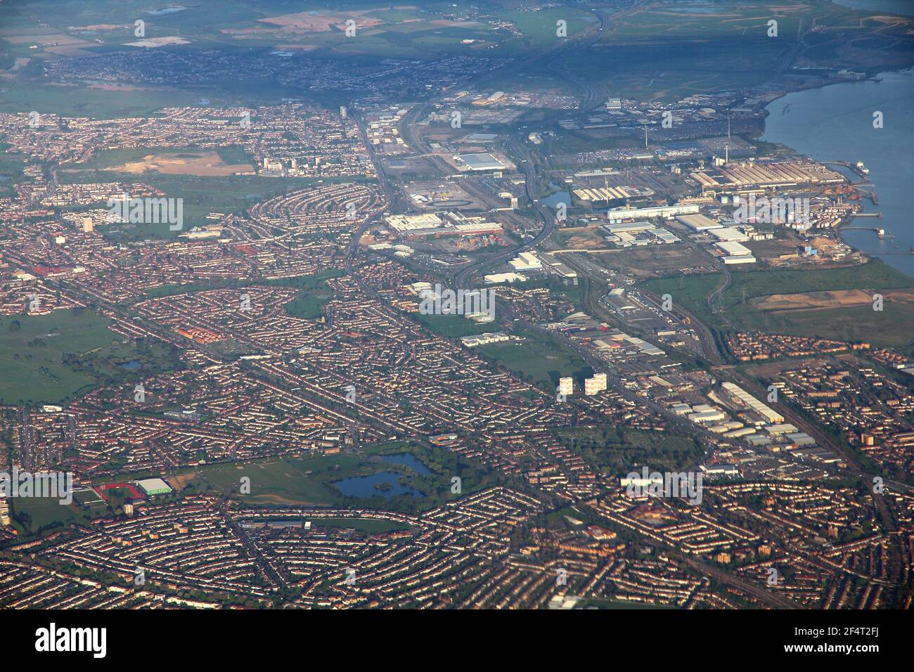 Dagenham UK Luftaufnahme. Großraum London Stadtlandschaft. Stockfoto