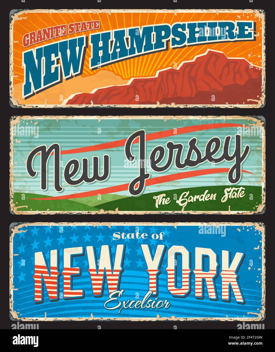 USA Reise-und Tourismus Vektor rostigen Metall Schilder mit New York, New Jersey und New Hampshire amerikanischen Staaten. Garten, Granit und Empire-Staaten von Stock Vektor