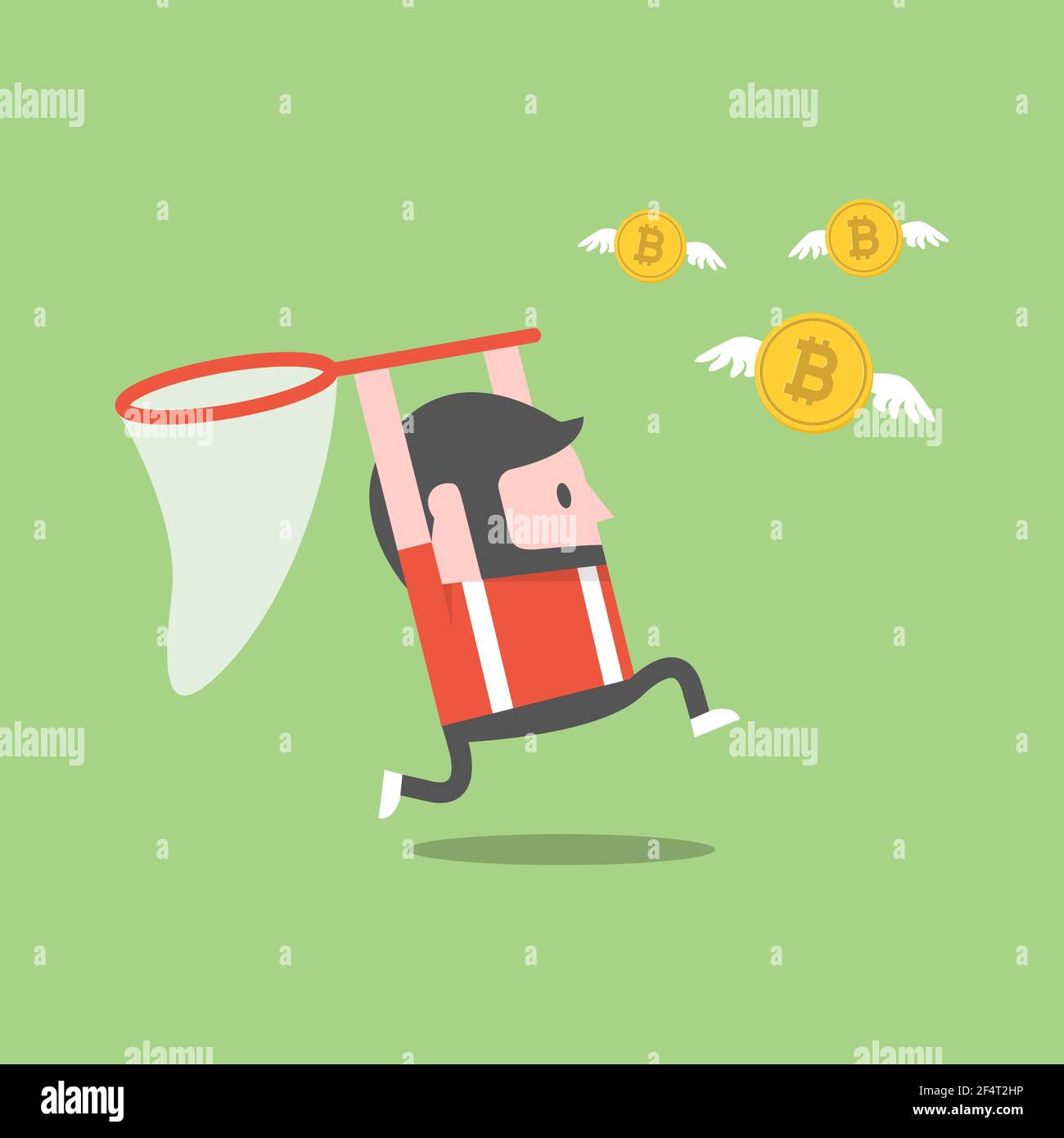 Ein Mann, der versucht, Bitcoin mit einem Schmetterlingsnetz zu fangen. Digitale Währung. Stock Vektor