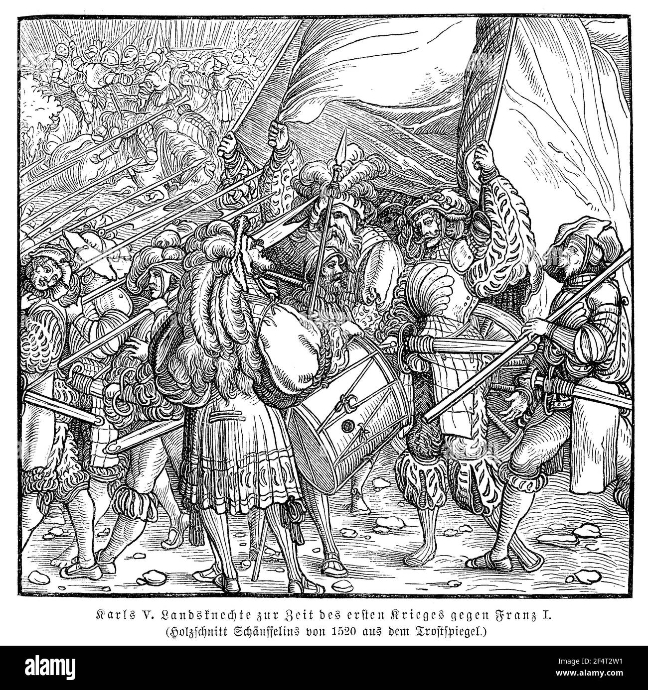 Lansquenets Fußsoldaten des Heiligen Römischen Kaisers Karl V. auf dem Schlachtfeld der italienischen Kriege gegen den französischen König Franz I., Stich von Hans Leonhard Schaeufelein, 1520 Stockfoto