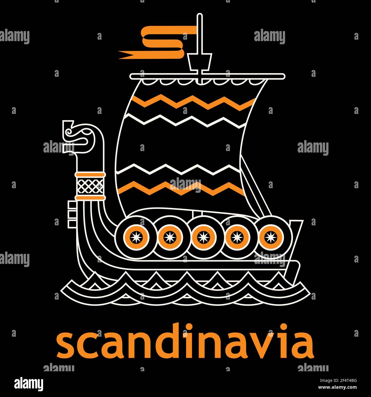 Skandinavisches Viking-Design. Das Wikingerschiff ist ein Drakkar. Alte nordische Muster und Runensymbole Stock Vektor