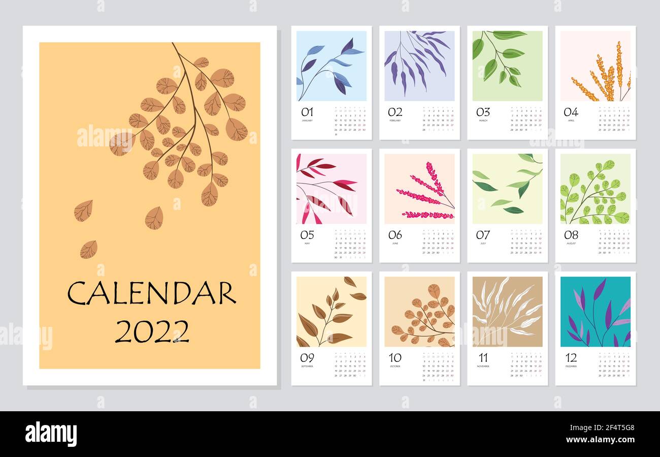 2022 Kalenderplaner mit abstrakten, modernen floralen Elementen. Firmenwoche. Vorlagenlayout, 12 Monate jährlich. Einfaches botanisches Design für Business Stock Vektor