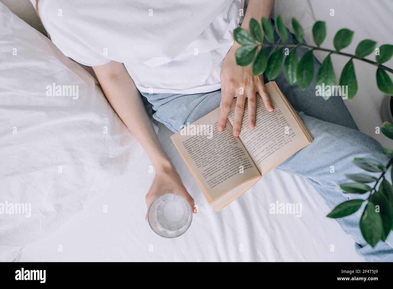 Junge Frau in legerer Kleidung liest ein Buch und hält Ein Glas Wasser Blick von oben Stockfoto