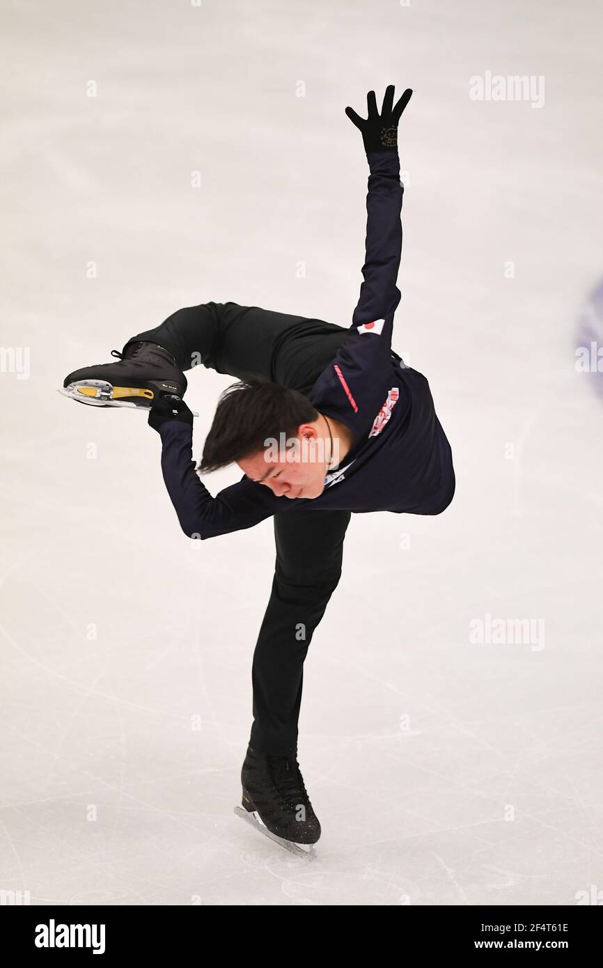 Stockholm, Schweden. März 2021, 23rd. Yuma KAGIYAMA Japan, während der Männer üben bei der ISU World Figure Skating Championships 2021 in Ericsson Globe, am 23. März 2021 in Stockholm, Schweden. Quelle: Raniero Corbelletti/AFLO/Alamy Live News Stockfoto