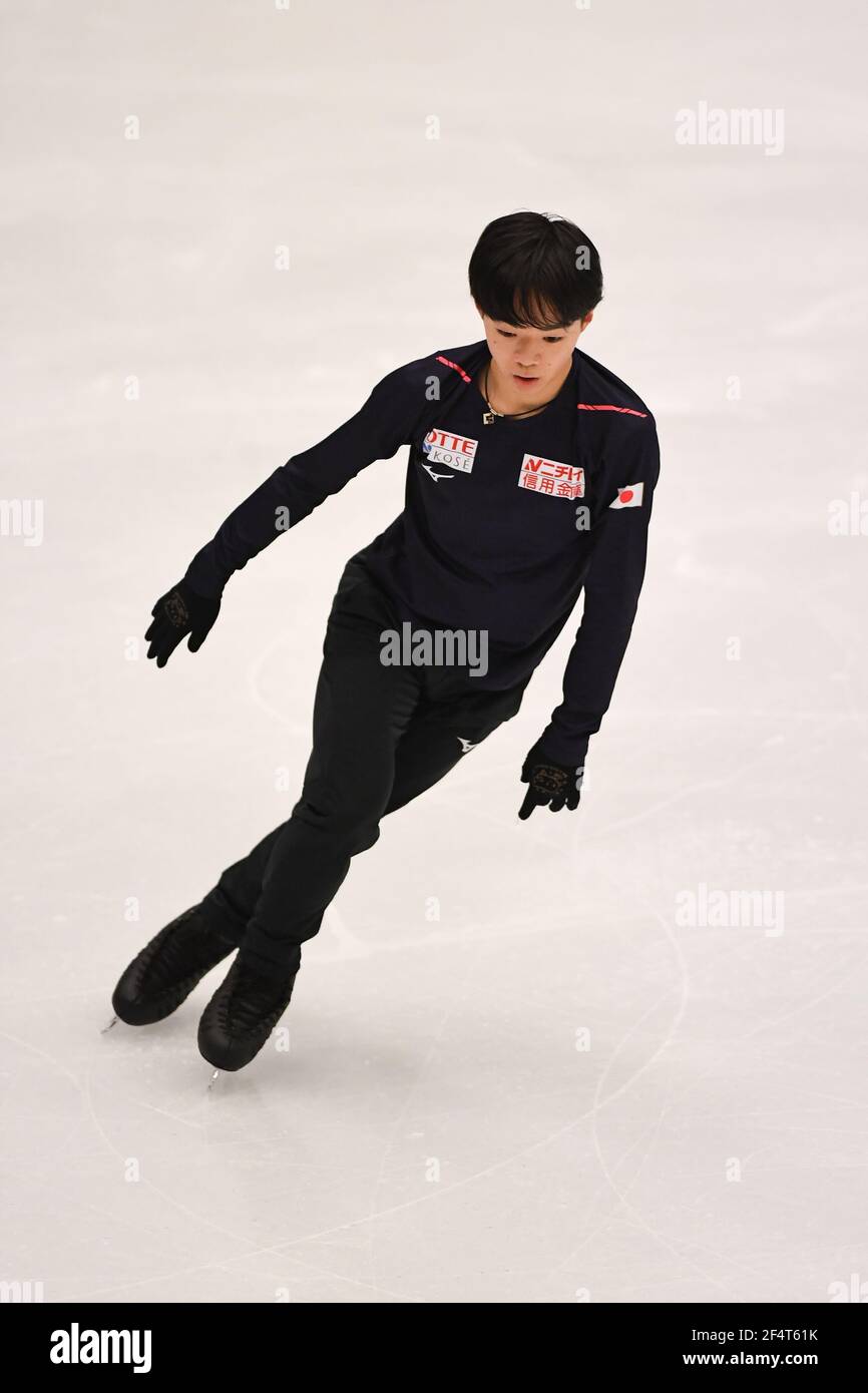 Stockholm, Schweden. März 2021, 23rd. Yuma KAGIYAMA Japan, während der Männer üben bei der ISU World Figure Skating Championships 2021 in Ericsson Globe, am 23. März 2021 in Stockholm, Schweden. Quelle: Raniero Corbelletti/AFLO/Alamy Live News Stockfoto