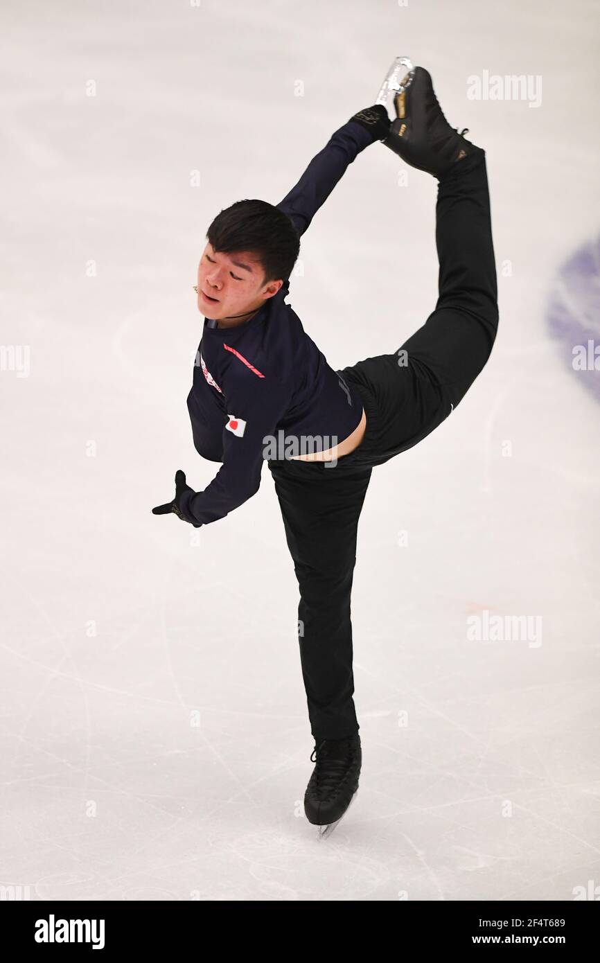 Stockholm, Schweden. März 2021, 23rd. Yuma KAGIYAMA Japan, während der Männer üben bei der ISU World Figure Skating Championships 2021 in Ericsson Globe, am 23. März 2021 in Stockholm, Schweden. Quelle: Raniero Corbelletti/AFLO/Alamy Live News Stockfoto
