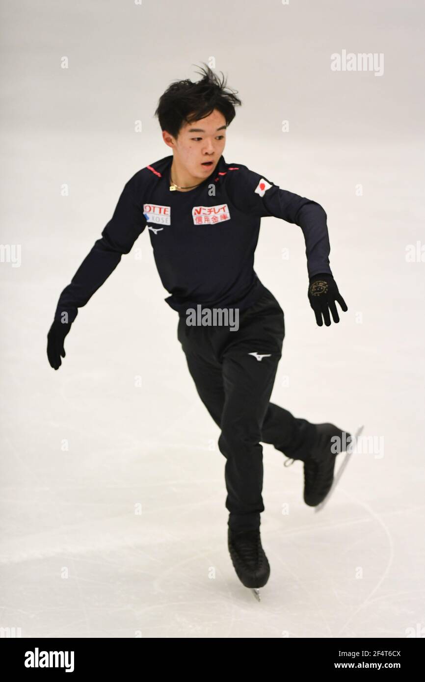 Stockholm, Schweden. März 2021, 23rd. Yuma KAGIYAMA Japan, während der Männer üben bei der ISU World Figure Skating Championships 2021 in Ericsson Globe, am 23. März 2021 in Stockholm, Schweden. Quelle: Raniero Corbelletti/AFLO/Alamy Live News Stockfoto