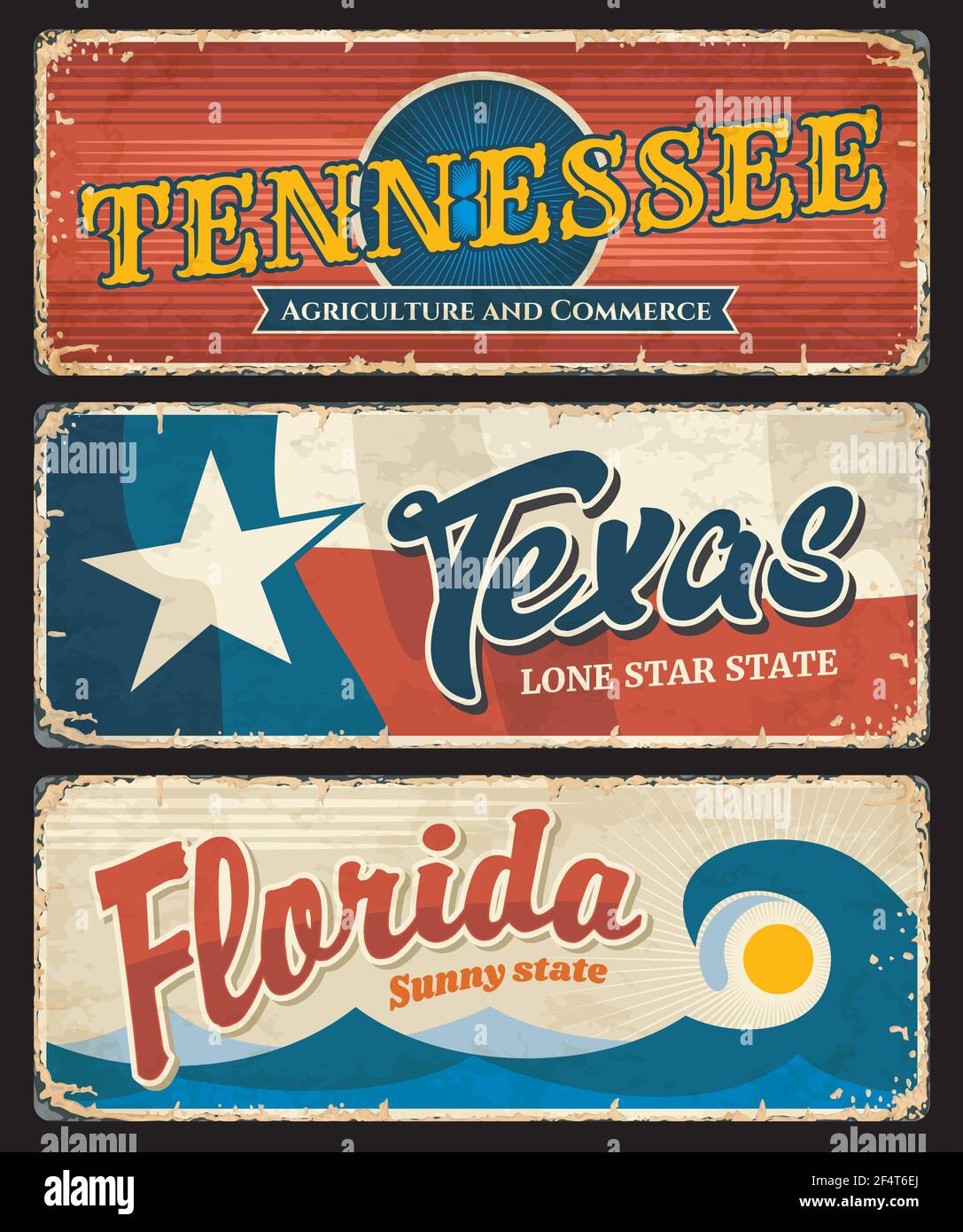 USA Texas, Florida und der amerikanische Staat Tennessee Staaten Platten, Vektor Grunge Zeichen. US-amerikanische Staat und Stadt Eintrag willkommen Motto, Emblem Flagge und CI Stock Vektor