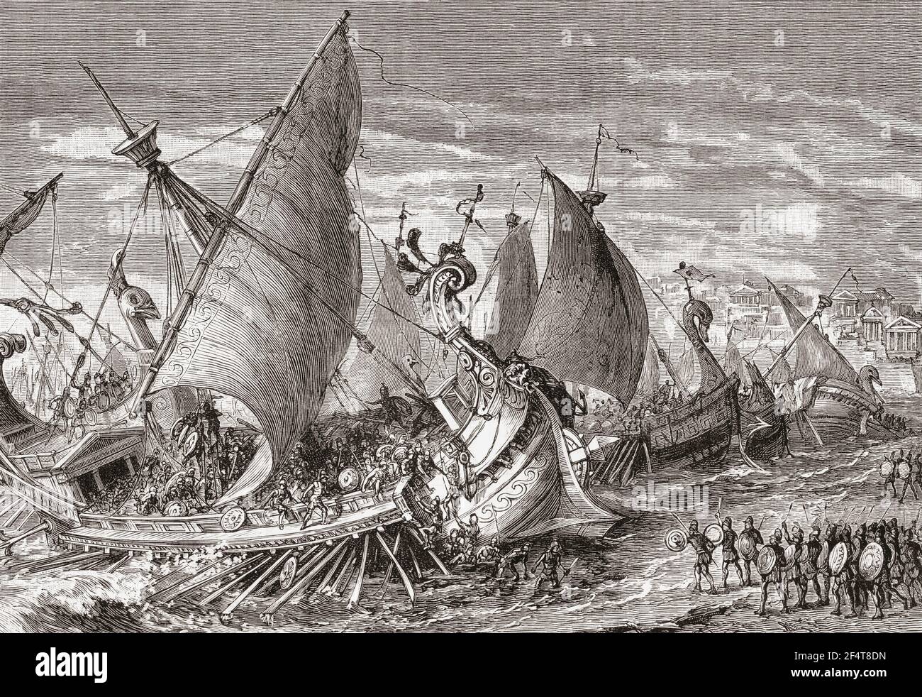 Die Seeschlacht im Hafen von Syrakus während der sizilianischen Expedition, Teil des Peloponnesischen Krieges, 415-413 v. Chr.. Aus Cassells Universal History, veröffentlicht 1888. Stockfoto