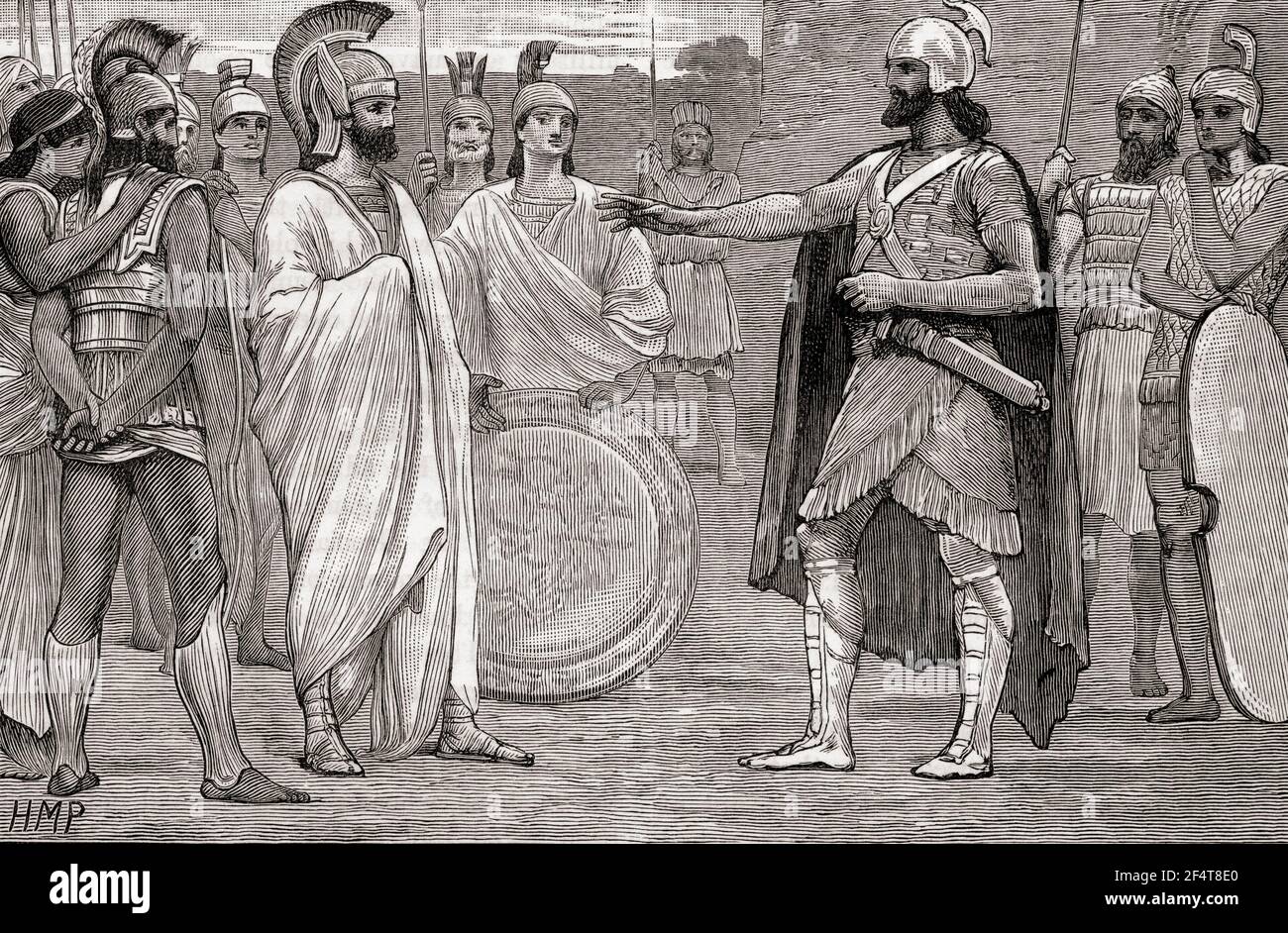 Treffen zwischen Agesilaus (links) und Pharnabazu II (rechts) im Jahre 395 v. Chr., als Agesilaus vereinbart, sich von Hellespontine Phrygia zu entfernen. Agesilaus II, c. 444/443 – c. 360 V. CHR. König des antiken griechischen Stadtstaates Sparta und Mitglied der Eurypontiden-Dynastie. Pharnabasus II., persischer Soldat und Staatsmann, und Satrap von Hellespontine Phrygia. Aus Cassells Universal History, veröffentlicht 1888. Stockfoto