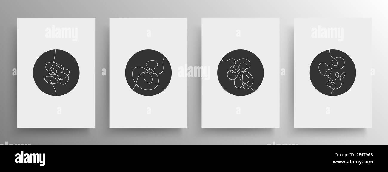Set von minimalistischen abstrakten weißen kontinuierlichen Linie Kunst im schwarzen Kreis für das Design für Cover und Poster oder Wanddekoration, Vektor. Stock Vektor