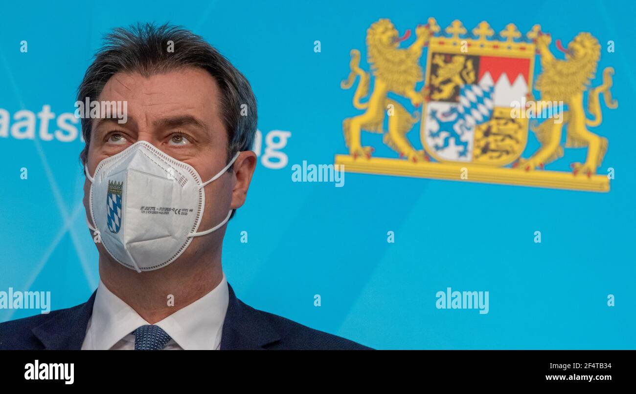 München, Deutschland. März 2021, 23rd. Markus Söder (CSU), Ministerpräsident von Bayern, nimmt nach der Kabinettssitzung an einer Abschlusspressekonferenz Teil. Quelle: Peter Kneffel/dpa-Pool/dpa/Alamy Live News Stockfoto