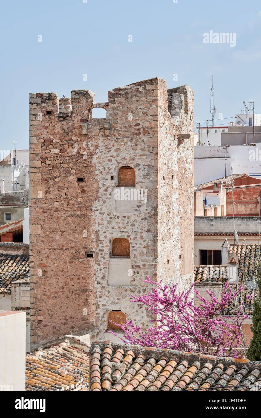 Alter Steinturm im jüdischen Viertel der Stadt Sagunto in der Provinz Valencia, Spanien, Europa Stockfoto