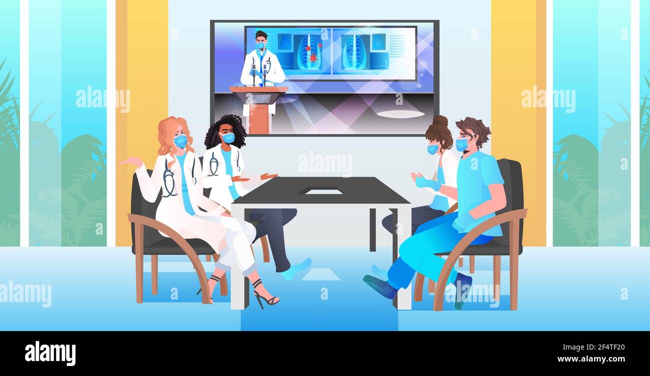 Ärzte mit virtuellen Konferenz medizinische Spezialisten in Masken diskutieren während Videoanruf Coronavirus-Pandemie Stock Vektor