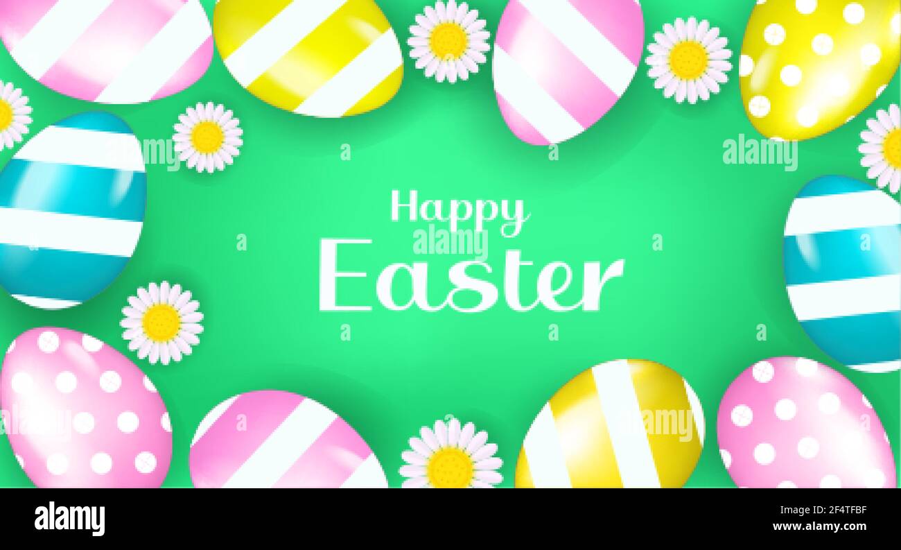 Frohe Ostern Banner Poster mit realistischen Ostereiern und Kamille. Frühling niedliche Vorlage für Ihr Design mit Textraum. Runder Rahmen. Vektor Stock Vektor