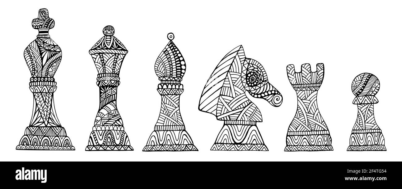 Set mit König, Königin, Bischof, Ritter, Rook und Bauer Schachfiguren Malvorlagen für Erwachsene und Kinder, isoliert auf weiß. Schwarz-Weiß-Kollektion Crea Stock Vektor