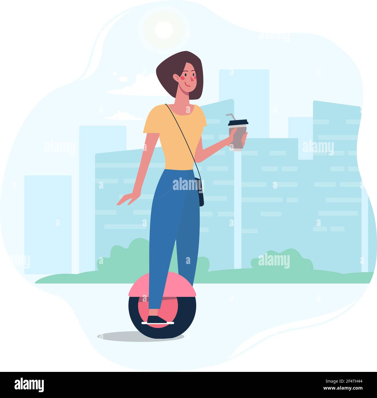 Eine Frau reitet auf einem modernen segway, trinkt Kaffee. Umweltfreundliche alternative Verkehrsmittel, freundlich zur Umwelt. Vektor-Illustration eines Mädchens in einem flachen Stil auf dem Hintergrund der Stadt. Stock Vektor