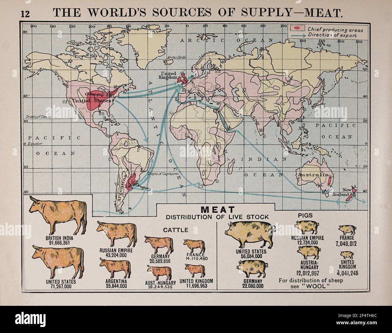 Weltkarte aus „Philips“ Chamber of Commerce Atlas“, 1912, zeigt die Fleischproduktion. Stockfoto