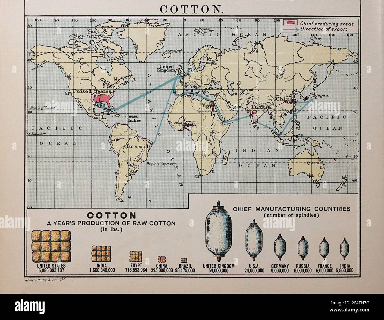 Weltkarte aus „Philips“ Chamber of Commerce Atlas“, 1912, zeigt Baumwollproduktion. Stockfoto