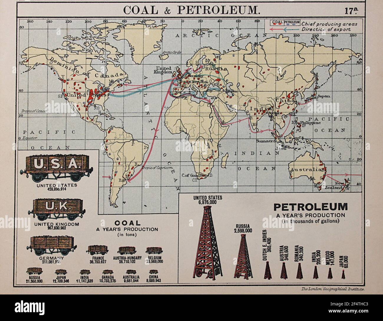 Weltkarte aus 'Philip's Chamber of Commerce Atlas', 1912, zeigt Kohle- und Erdölproduktion. Stockfoto