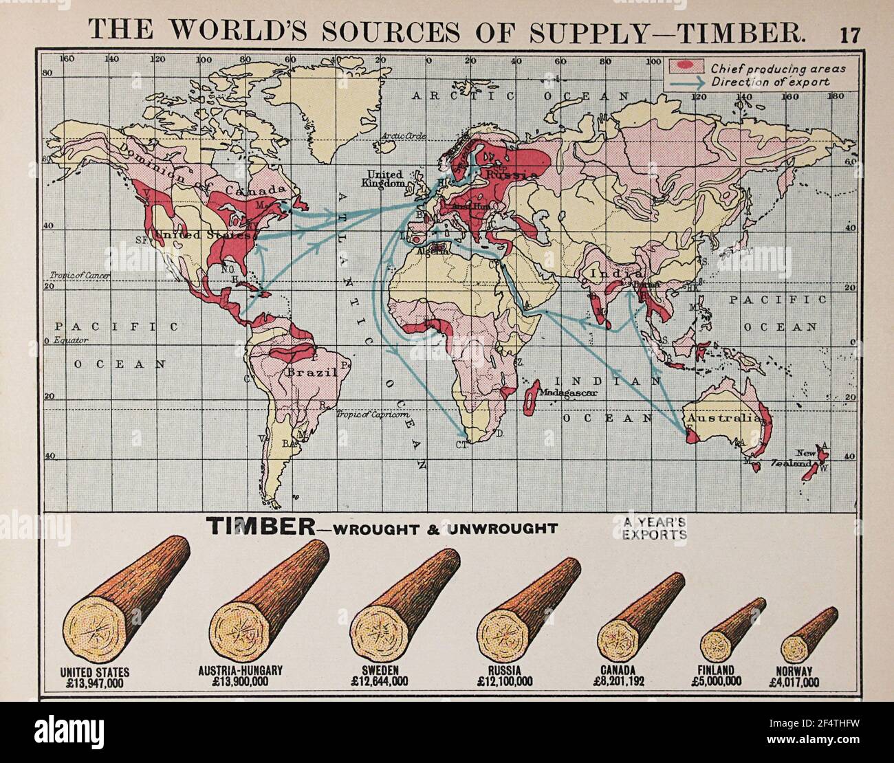 Weltkarte aus 'Philip's Chamber of Commerce Atlas', 1912, zeigt Holzproduktion. Stockfoto