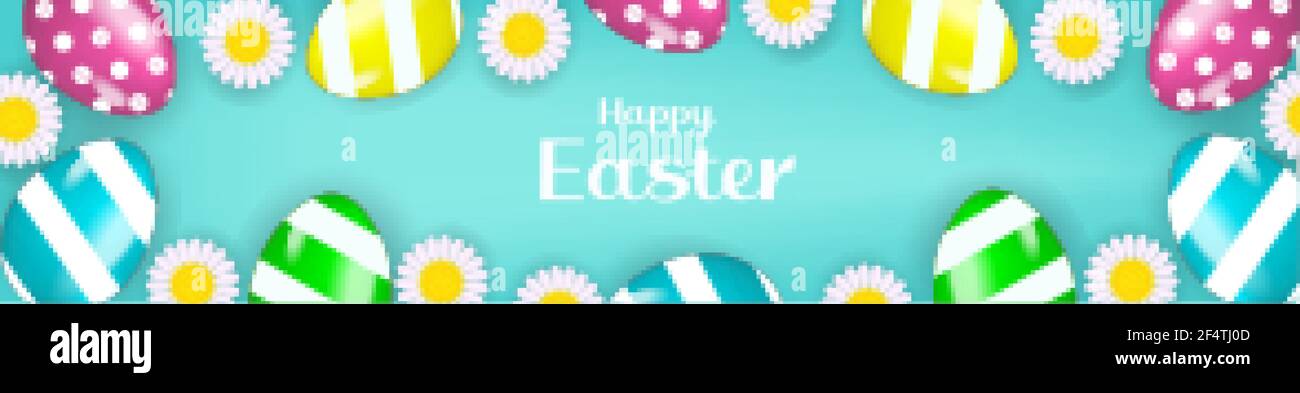 Frohe Ostern Banner Poster mit realistischen Ostereiern und Blumen. Frühling niedliche Vorlage für Ihr Design. Vektorgrafik Stock Vektor