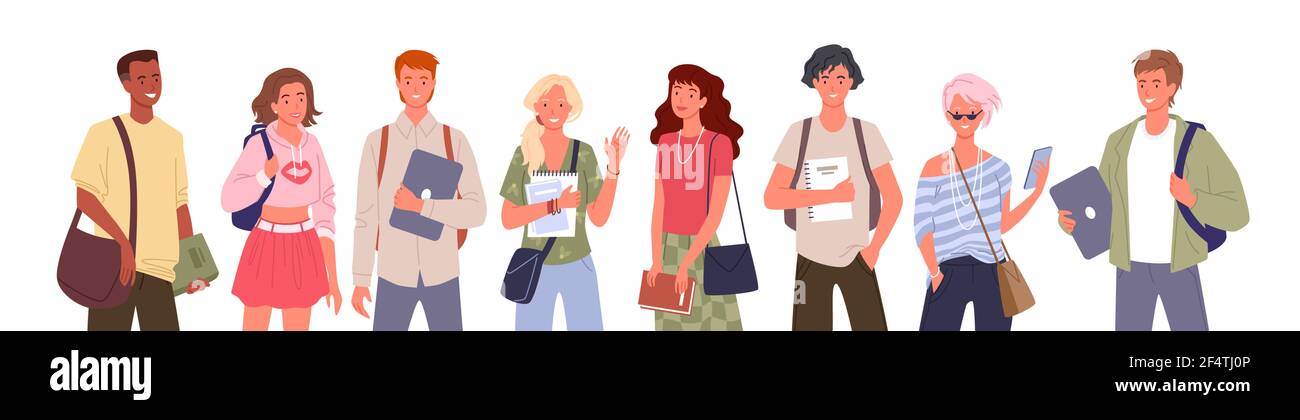 Student People Diversity Vektor Illustration Set. Cartoon junge multinationale Gruppe von Mann Frau verschiedene Charaktere stehen in Reihe und winken Stock Vektor